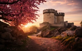 Картинка пейзаж, замок, весна, цветение, blossom, pink, landscape, spring