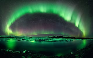 Картинка полярное, Ёкюльсаурлоун, отражение, сияние, лед, Исландия, звезды, озеро, небо