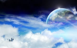 Картинка Fantasy world, dreamland, кольца, sky, sci-fi, фантастика, облачный город, будущее, ракета, космос, планета, небо, clouds, city, planet