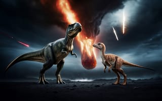Картинка Катастрофа, Животные, Хищники, Tyrannosaurus Rex, Цифровое искусство, Астероид, Динозавры, Тираннозавр
