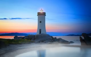 Картинка marcocarmassi, lighthouse, sky, water, ligh, italy, rocks, закат, landscape, маяк, море, sardinia, sunset, sea, clouds