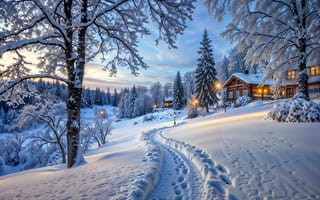 Картинка зима, иней, снег, облака, дорога, лес, деревья, следы