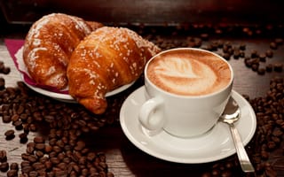 Картинка cup, coffee, cappuccino, creamy, croissant, delicious, cream, capuccino