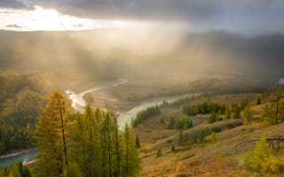 Картинка деревья, горы, утро, лучи света, солнечные лучи, Диков Рустем, река