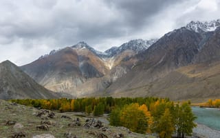 Картинка облака, деревья, Диков Рустем, живописный пейзаж, горы, горная река