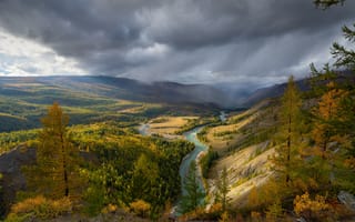 Картинка облака, деревья, долина, Диков Рустем, река, лучи света