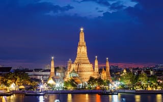 Картинка city, beautiful, bangkok, boat, cityscape, buddhism, church, chaopraya