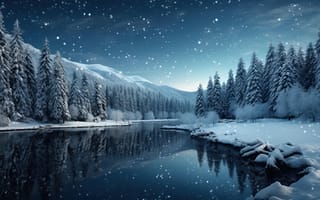 Картинка зима, лес, снег, елки, озеро, forest, landscape, деревья