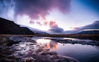 Картинка Река, Сумерки, Заснеженные горы, National Wetland Park, Dusk, River, Snow Mountains, Национальный парк