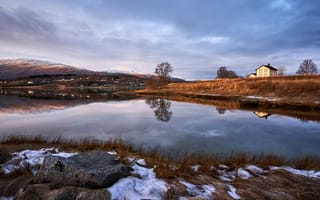 Картинка снег, пейзаж, Норвегия, озеро