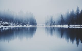 Картинка зима, туман, отражение, озеро