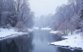 Картинка зима, лес, winter, снег, forest, елки, nature, река