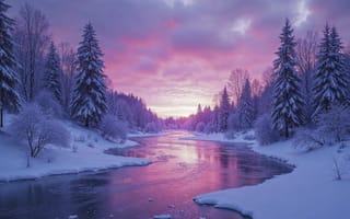 Картинка зима, лес, forest, река, nature, winter, снег, елки