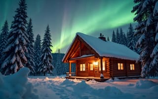 Картинка зима, лес, домик, горы, северное сияние, house, снег, елки