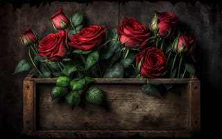 Картинка цветы, романтика, ящик, wood, red roses, with love, flowers, romantic