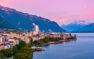 Картинка Switzerland, sunset, Montreux, Alps, Lake Geneva, town