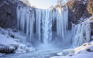 Картинка зима, лес, снег, деревья, елки, водопад, река, forest