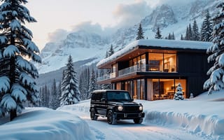 Картинка зима, car, елки, forest, горы, снег, дом, лес