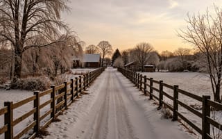 Картинка зима, дорога, снег, house, мост, дома, река, winter
