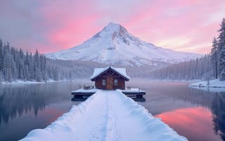 Картинка зима, снег, озеро, хижина, природа, река, forest, горы