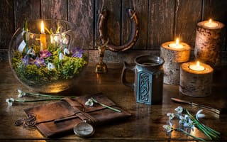 Картинка цветы, стиль, аквариум, кружка, свечи, компас, подснежники, натюрморт