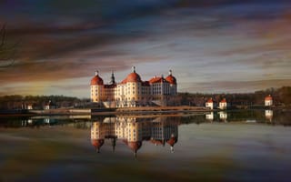 Картинка вечер, замок, Германия, пруд, Морицбург, отражение