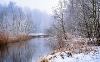 Картинка зима, снег, речка
