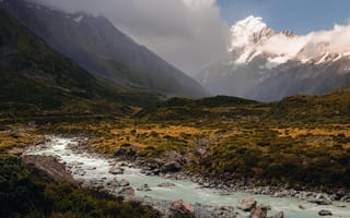 Картинка river, New Zealand, mountains, valley, hills, rocks, clouds