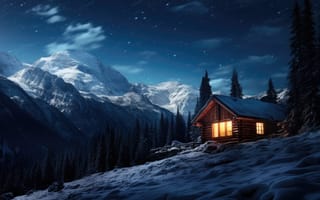 Картинка зима, лес, домик, house, природа, горы, ночь, снег