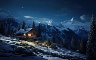 Картинка зима, лес, природа, ночь, снег, house, горы, домик