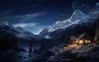 Картинка зима, лес, house, горы, природа, домик, ночь, снег