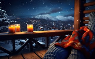 Картинка зима, снег, плед, природа, уют, ночь, горы, свечи