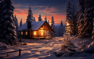 Картинка зима, лес, природа, снег, house, горы, ночь, домик