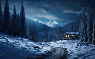 Картинка зима, лес, домик, house, снег, ночь, горы, природа