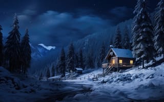 Картинка зима, лес, снег, домик, горы, house, ночь, природа