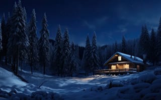 Картинка зима, лес, природа, домик, снег, горы, house, ночь