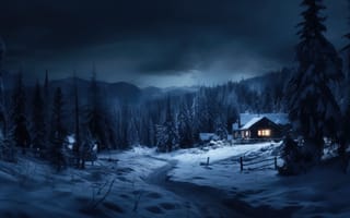 Картинка зима, лес, house, горы, снег, природа, домик, ночь