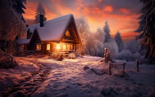 Картинка зима, лес, ночь, house, домик, снег, природа, горы