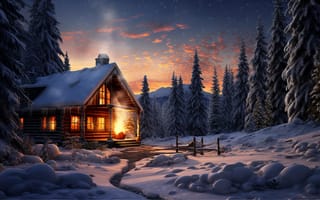 Картинка зима, лес, природа, ночь, house, горы, домик, снег