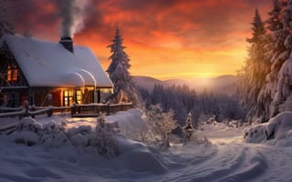 Картинка зима, лес, house, хижина, природа, горы, домик, снег