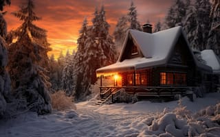 Картинка зима, лес, снег, домик, горы, house, ночь, природа