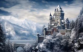 Картинка зима, снег, snowy, winter, river, castle, горы, замок