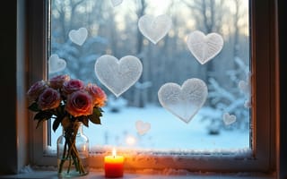 Картинка зима, любовь, букет, романтика, окно, розы, сердце, love