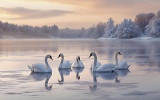 Картинка лед, зима, лебеди, природа, снег, swan, озеро, landscape
