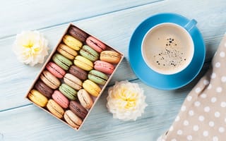 Картинка цветы, подарок, macarons, coffee cup, colorful, pink, wood, flowers