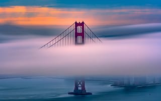 Картинка city, USA, sea, Golden Gate Bridge, sunset, bridge, landscape, ocean