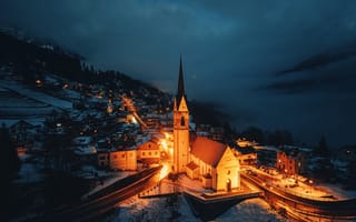 Картинка зима, снег, view, night, город, Италия, церковь, winter
