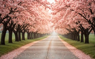 Картинка деревья, парк, trees, весна, сакура, pink, аллея, цветение