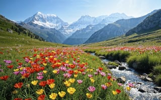 Картинка цветы, горы, blossom, colorful, весна, луг, mountains, flowers