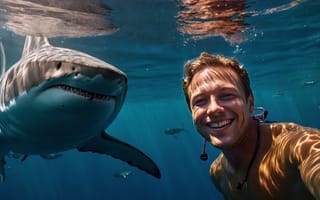Картинка underwater, shark, AI art, guy